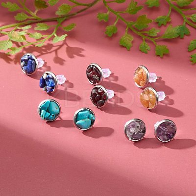 Flat Round with Mixed Gemstone Chip Beads Stud Earrings for Girl Women EJEW-JE04669-1