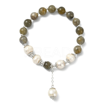 Natural Labradorite & Natural Pearl Bead Charm Bracelets BJEW-JB14141-02-1