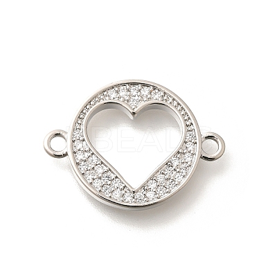 Rack Plating Brass Clear Cubic Zirconia Flat Round with Hollow Heart Connector Charms KK-L225-036P-1