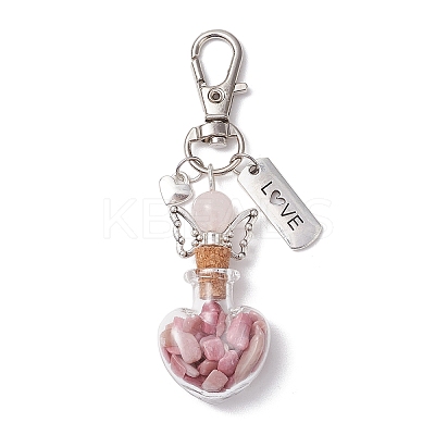 Natural Aquamarine & Rhodonite Chip inside Angel Wishing Bottle Pendant Decorations HJEW-JM02411-1