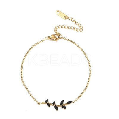 304 Stainless Steel Rhinestone Leaf Link Bracelets SA-CBA5F76-03G-02-1