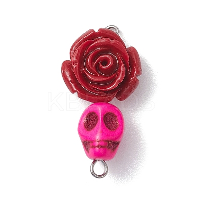 5Pcs 5 Colors Synthetic Coral & Turquoise Dyed Flower Skull Connector Charms PALLOY-JF02783-1