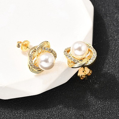 Flower Brass Micro Pave Clear Cubic Zirconia Stud Earrings EJEW-A135-23G-1