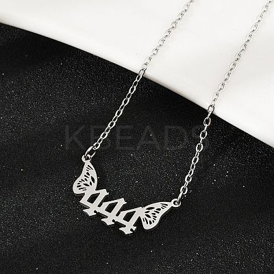 201 Stainless Steel Number 444 with Butterfly Wings Pendant Necklaces NJEW-P332-01B-P-1