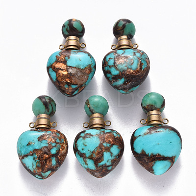 Heart Assembled Natural Bronzite and Synthetic Turquoise Openable Perfume Bottle Pendants G-R484-01B-1
