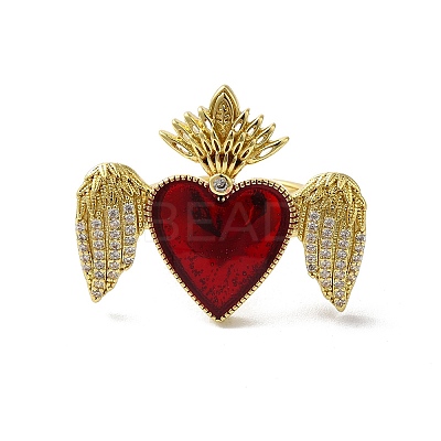 Sacred Heart with Wing Brass Micro Pave Cubic Zirconia Cuff Rings RJEW-H236-01G-03-1