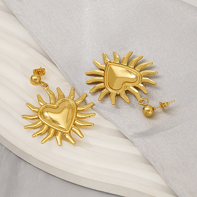 Sun with Heart 304 Stainless Steel Dangle Stud Earrings EJEW-K323-01G-1
