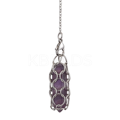 304 Stainless Steel Chain Macrame Pouch Bullet Natural Rose Quartz & Amethyst & Synthetic Turquoise Holder Dowsing Pendulums PALLOY-JF02881-1