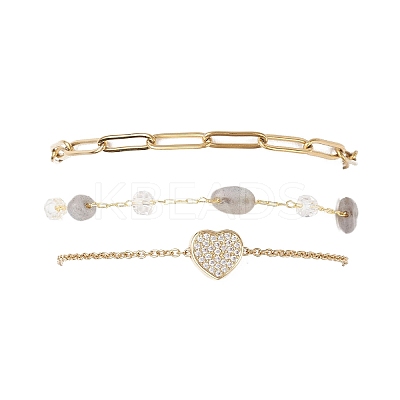 304 Stainless Steel Heart & Natural Labradorite Nuggets Link Chain 3 Layer Stackable Necklaces BJEW-JB12459-02-1