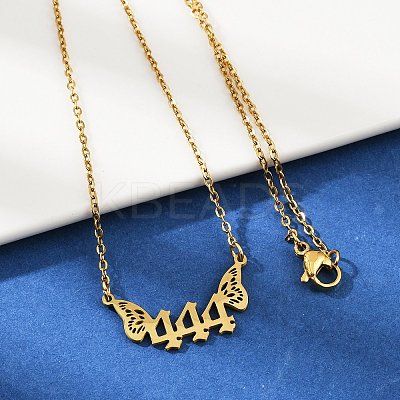 201 Stainless Steel Number 444 with Butterfly Wings Pendant Necklaces NJEW-P332-01B-G-1