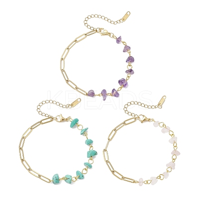 3Pcs Natural Amethyst & Rose Quartz & Synthetic Turquoise Chip Beads Link Bracelets BJEW-JB12530-1