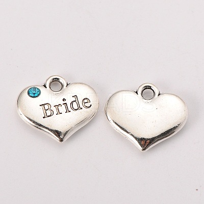 Wedding Theme Antique Silver Tone Tibetan Style Heart with Bride Rhinestone Charms X-TIBEP-N005-12A-1