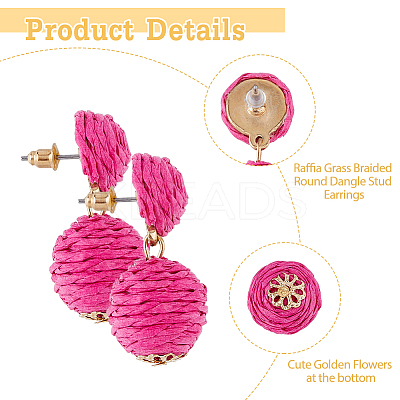 4 Pairs 4 Colors Raffia Grass Braided Round Dangle Stud Earrings with Iron Pins for Women EJEW-FI0002-27-1