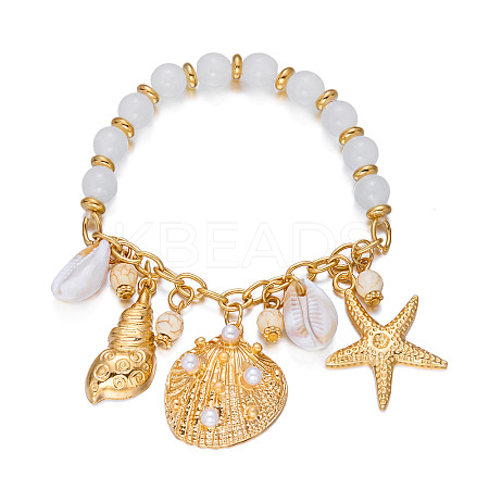 Ocean Alloy Enamel Starfish Shell Shape Multi Charm Round Plastic Beaded Stretch Bracelets for Women WG120C7-03-1