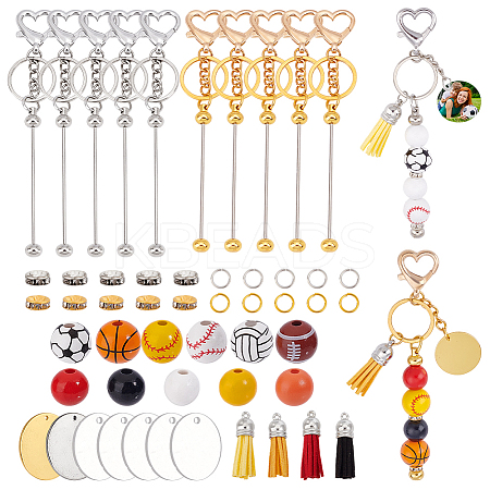 DIY Wood Sports Ball Beadable Keychain Jewelry Making Kits DIY-PH0023-91-1
