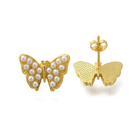 Rack Plating Butterfly Brass & ABS Imitation Pearl Stud Earrings EJEW-I310-14G-1