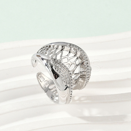 Brass Micro Pave Clear Cubic Zirconia Open Cuff Rings for Women RJEW-A059-05P-1