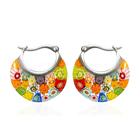 Flat Round 304 Stainless Steel Millefiori Glass Hoop Earrings FS-WG56358-01-1