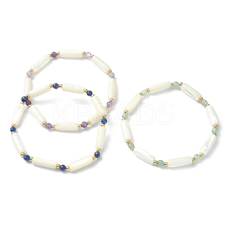 3Pcs 3 Style Natural Mixed Gemstone & White Shell Tube Beaded Stretch Bracelets Set BJEW-TA00430-1