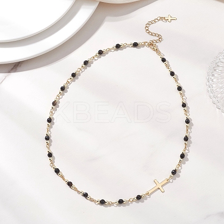 Faceted Dyed Natural Agate Round Beads & 304 Stainless Steel Tiny Cross Handmade Link Chain Necklaces NJEW-JN05842-02-1