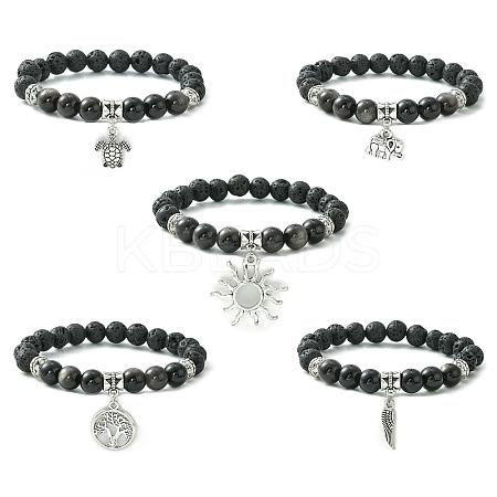 Natural Lava Rock & Silver Obsidian Beaded Stretch Bracelet with Alloy Charms BJEW-JB09453-1