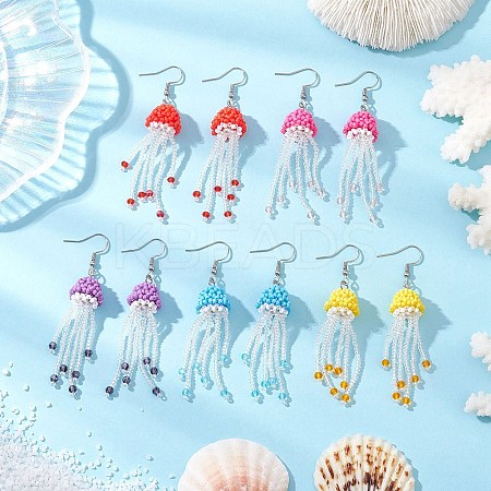 304 Stainless Steel Glass Seed Beaded Jellyfish Dangle Earrings EJEW-MZ00435-1