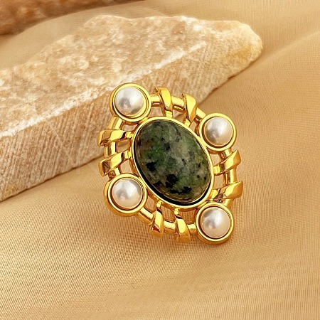 304 Stainless Steel with Natural Gemstone and Plastic Imitation Pearl Adjustable Cuff Rings for Women RJEW-Z096-02G-02-1