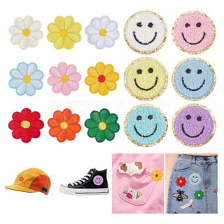 Flat Round with Smiling Face & Daisy Flower Computerized Towel Embroidery Cloth Iron on/Sew on Patches DIY-AR0003-29-1