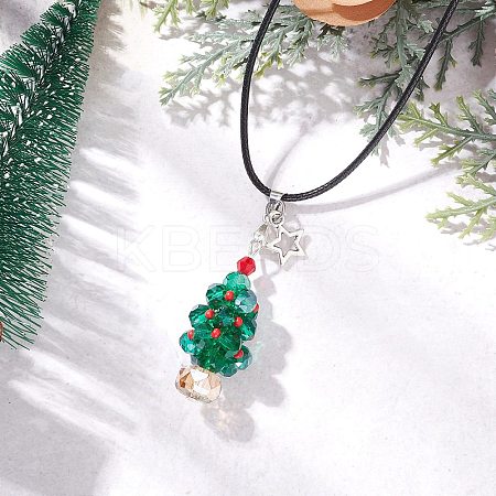 Electroplate Glass Beaded Dark Cyan Christmas Tree & Alloy Star Pendant Black Waxed Cotton Cord Necklaces NJEW-MZ00123-02-1