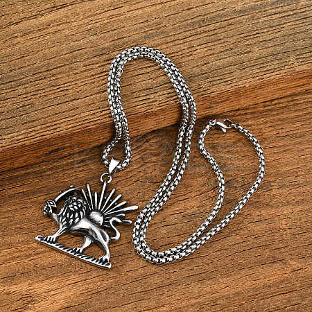 Vintage 304 Stainless Steel Lion with Sun Pendant Box Chain Necklaces for Men WGE39C9-01-1