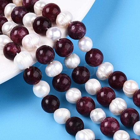Dyed Natural Garnet Round & Natural Cultured Freshwater Pearl Grooved Potato Beads Strands PEAR-N019-12-1