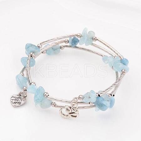 Three Loops Natural Aquamarine Beaded Wrap Bracelets BJEW-JB02331-02-1