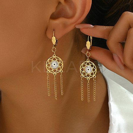 Bohemian Style 201 Stainless Steel Tassel Evil Eye Hoop Earrings for Women BI4782-1