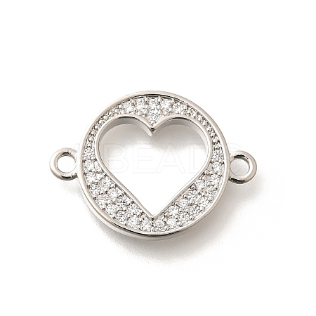 Rack Plating Brass Clear Cubic Zirconia Flat Round with Hollow Heart Connector Charms KK-L225-036P-1