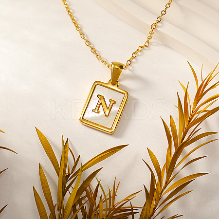 Rectangle 304 Stainless Steel Pave Natural White Shell Initial Pendant Necklaces for Women FS-WGB5EDA-14-1