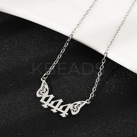 201 Stainless Steel Number 444 with Butterfly Wings Pendant Necklaces NJEW-P332-01B-P-1