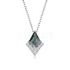 Rhombus 925 Sterling Silver Micro Pave Clear Cubic Zirconia with Natural Moss Agate Pendant Necklaces FS-WG1E963-01-4