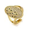 Oval with Flower Brass Micro Pave Cubic Zirconia Open Cuff Rings for Women RJEW-Z050-15G-1