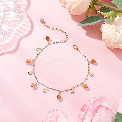 Dyed Natural Banded Agate Round & 304 Stainless Steel Shell Shape Tassel Anklets for Women AJEW-AN00702-03-1