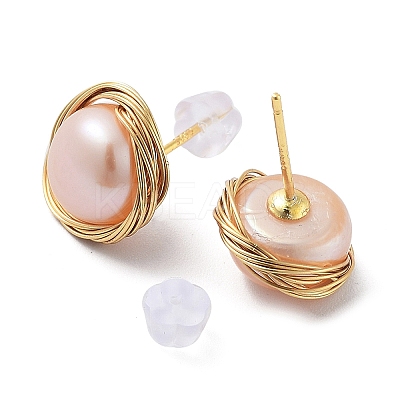 Natural Pearl Flat Round Stud Earrings EJEW-P256-67G-1