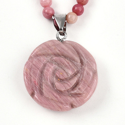 Natural Rhodonite 4.5mm Round Beaded Flower Pendant Necklaces NJEW-T016-04L-1