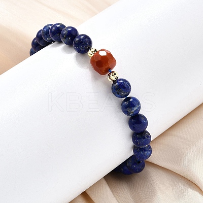 Natural Lapis Lazuli Round Beads & South Red Agate Bead Stretch Bracelets BJEW-Z101-01-1
