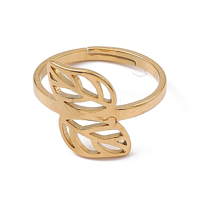 Ion Plating(IP) 201 Stainless Steel Hollow Out Leaf Adjustable Ring for Women RJEW-C045-05G-1