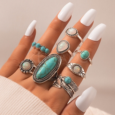 8Pcs 8 Styles Retro Alloy Finger Rings BOHO-PW0001-014-1