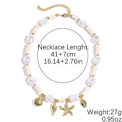 Ocean Shell Shape & Starfish Alloy Pendant Plastic Pearl & Dyed Synthetic Turquoise Square Beaded Necklaces FS-WG16541-02-1