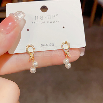 Brass Micro Pave Clear Cubic Zirconia Knot with Round Dangle Stud Earrings FS-WGC5F67-01-1