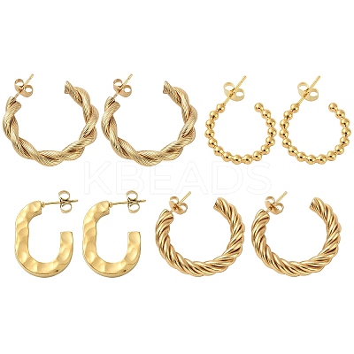4 Pairs 4 Style 304 Stainless Steel Twist Rope & Oval & Ball Beaded C-shape Stud Earrings EJEW-TZ0001-01-1