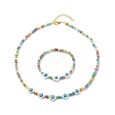 Natural Shell Flower with Evil Eye & Glass Seed Beaded Necklace Stretch Bracelet SJEW-JS01248-1