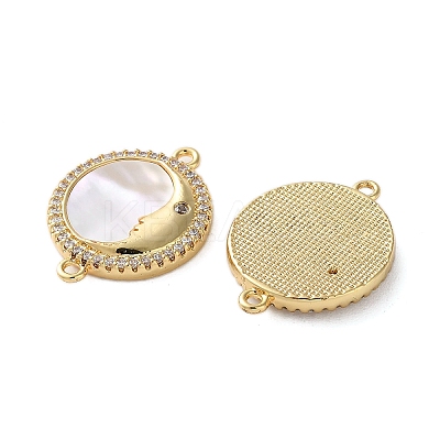 Brass Micro Pave Cubic Zirconia Flat Round with Moon Face Connector Charms KK-U070-07G-1