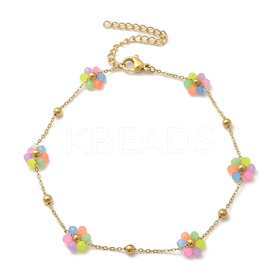 304 Stainless Steel & Synthetic Stone Daisy Flower Chain Anklets for Women AJEW-B031-01G-01-1